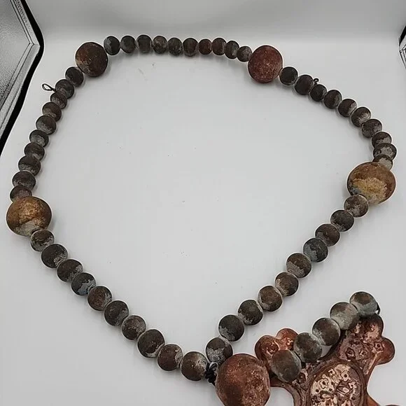 Very Large Old Rosary, Souvenir de Liesse Pottery Stoneware Heavy 56 Length